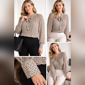 Adrianna Papell 1X Tie Neck Geometric Swiss Dot Blouse